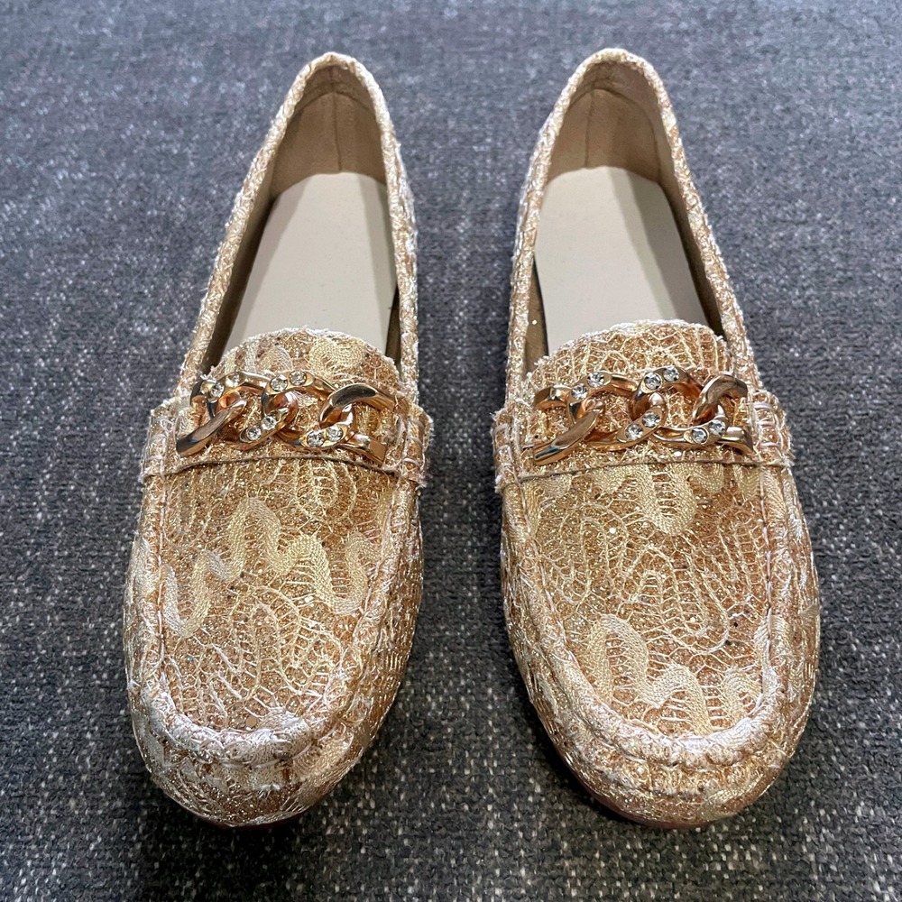 Gold Lace Glitter Loafers Women Size 40 Rhinestone Chain Link Slip On Flat Shoes